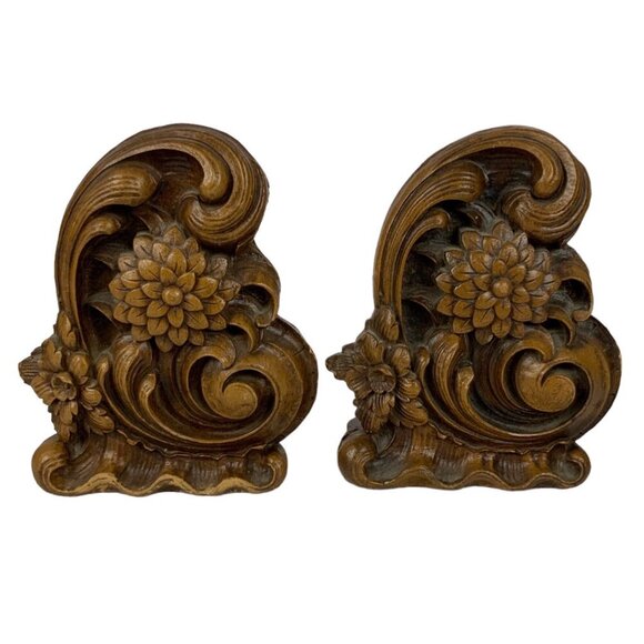 Vintage Syroco Wood Composite Floral Scroll Swirl Bookends - Picture 1 of 6